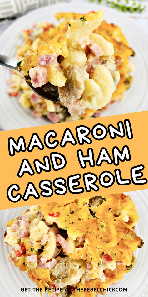 Our Macaroni and Ham Casserole recipe combines ham, mushrooms, pimentos, and everything we love about mac and cheese into a one pot meal! Macaroni And Ham Casserole, Ham Spaghetti Recipes, Recipes Using Elbow Macaroni, Ham And Mushroom Recipes, Macaroni And Cheese With Ham, Ham And Macaroni Casserole, Ham Casserole Recipes Leftover, Ham Casserole Recipes Easy, Ham Pasta Casserole