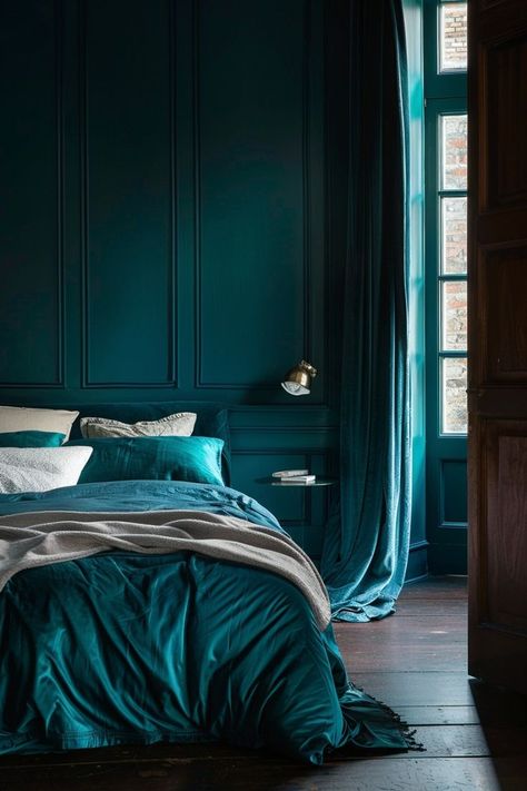 #bedroominterior #fyp #foryou #reels #viral #viralreels #interior #interiordesign Bedroom Interior Modern, Blue Green Bedrooms, Peacock Blue Bedroom, Dark Bedrooms, Bedroom Luxurious, Moody Bedroom Ideas, Moody Style, 2024 Bedroom, Bright Bedroom