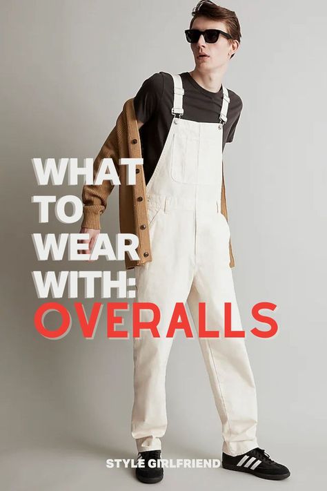 man in off-white canvas overalls with a grey t-shirt and Adidas Sambas, text on-screen: what to wear with overalls Guy Overalls Outfit, Mens Overalls Outfits Street Styles, Overalls Outfits Aesthetic, Overalls Men Fashion 90s, Men Fashion 90s, Mens Overalls Outfits, Overall Outfits Fall, Overalls Outfit Men, Overalls Outfit Aesthetic