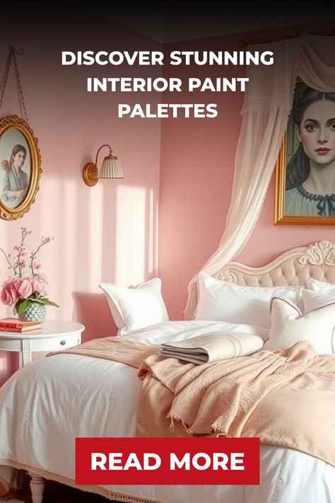 Cozy bedroom with pink walls, elegant portraits, and a luxurious bed. Interior Paint Palettes, Top Paint Colors, Paint Palettes, Trending Paint Colors, Modern Color Palette, Home Makeover, Interior Painting, Interior Paint Colors, Stunning Interiors