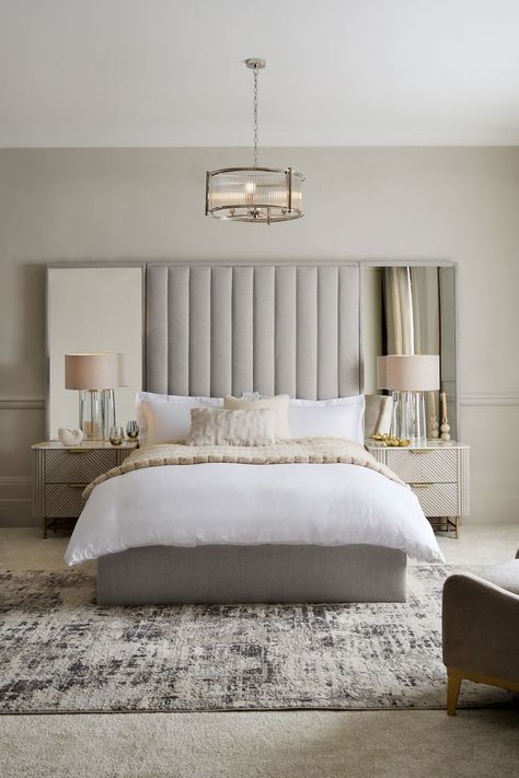 Hotel Bed Frame, Mirrors Next To Bed, Bed With Mirrors On Each Side, Headboard With Mirror, Luxurious Bedrooms Interior, Barn Bedrooms, Bedroom 2024, Interior Design Masters, Mirrored Bedroom Furniture