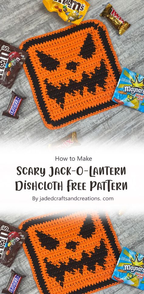 A Scary Jack-O-Lantern Dishcloth is delightful addition to your Halloween decor. Handmade decorations not only infuse your home with warmth and character but also offer a sense of accomplishment as you witness your creations come to life. Jack O Lantern Granny Square, Crochet Pot Holder Free Pattern, Jack O Lantern Crochet, Halloween Granny Square, Halloween Knitting, Crochet Pot Holders Free Pattern, Crochet Halloween, Dishcloth Crochet Pattern, Crochet Dishcloth