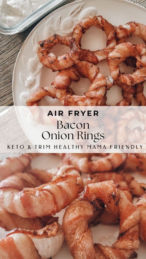 Bacon and onion rings? Could anything be more indulgent? These bacon wrapped onion rings are crispy and totally delicious. Add some of Rhonda's famous ranch dressing and you have yourself a recipe for success! #thm #trimhealthymama #baconwrappedonionrings #wrappedonionrings #ketoonionrings Bacon Wrapped Onion Rings, Bacon Wrapped Onion, No Carb Bread, Air Fryer Bacon, Low Carb Wraps, Delicious Low Carb Recipes, Trim Healthy Mama Recipes, Mama Recipe, Bacon Wrapped Chicken