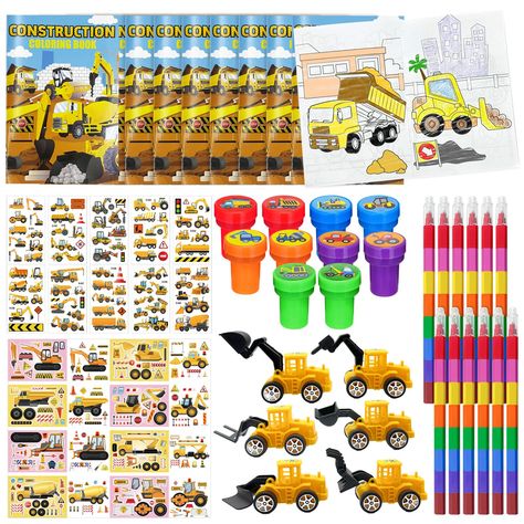 PRICES MAY VARY. Construction Party Favors Set: our Construction Vehicle Coloring Book with Crayons Bulk includes 12 coloring books（12 pages per book）, 12 rainbow stacking crayons（8 colors）,12 tattoos, 12 stampers, 12 DIY Art Craft stickers,12 construction vehicles,sufficient quantity, and various styles enrich your construction birthday party Construction Design: these Truck Car Party Favors are matched with bright colors, and designed with cute construction patterns, These construction art coloring books will create race car atmosphere, suitable as gifts of birthday party Safe Material and Reliable Materials: the construction Goodie Bags Fillers have been strictly tested, made of quality materials, and safe with smooth surfaces; Tattoos can be easily removed with makeup remover,and our s Construction Theme Party Favors, Construction Birthday Party Favors, Car Party Favors, Construction Party Favors, Cars Party Favors, Birthday Party Goodie Bags, Construction Art, Tractor Birthday Party, 12 Tattoos