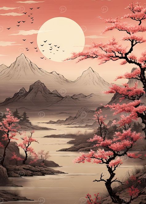 Korean Scenery Painting, Korean Landscape Painting, Asian Landscape Painting, Korean Scenery, Japanese Mural, Japanese Landscape Art, Asian Scenery, Japanese Posters, Asian Style Art