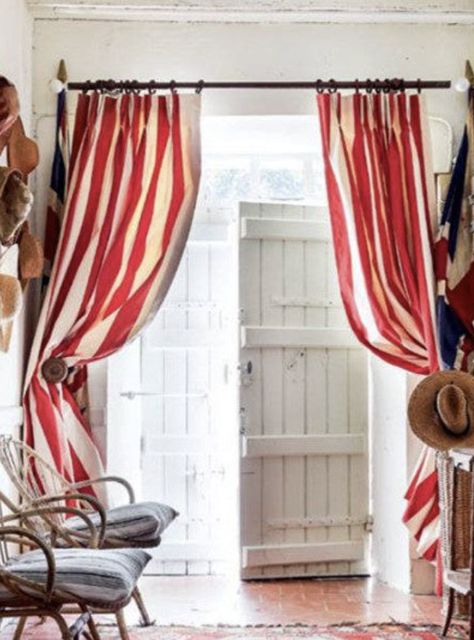 Red Accent Bedroom, Bath Alcove, Curtain Pelmet, Cottage Details, Patchwork Curtains, Moody Interiors, English Decor, Swag Light, Striped Curtains