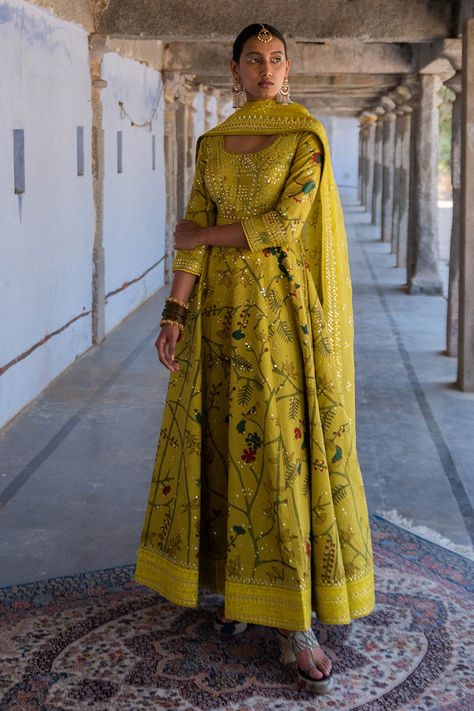 Buy Archana Jaju Yellow Chanderi Silk Anarkali With Dupatta Online | Aza Fashions Kalamkari Anarkali, Archana Jaju, Yellow Anarkali, Yellow Mirror, Anarkali With Dupatta, Silk Anarkali, Sharara Set, Designer Gowns, Embroidered Silk