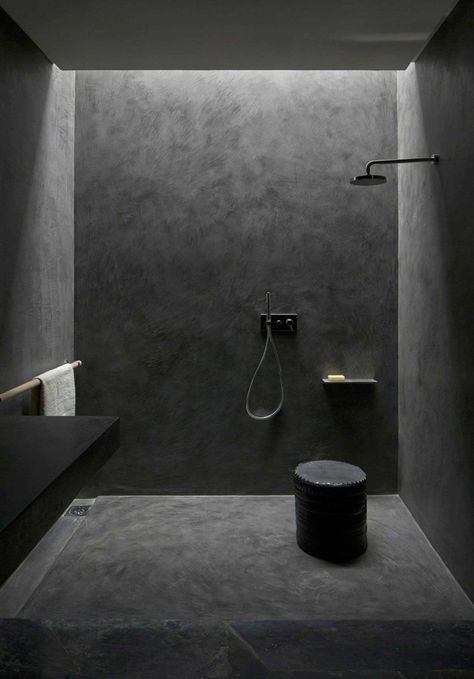 Incredible tile-less bathrooms: add luxe using an ancient Moroccan decorative finish - The Interiors Addict Moroccan Home Design, All Black Bathroom, Dark Interior Design, Top Bathroom Design, Minimal Bathroom, Minimalist Dekor, Interior Design Minimalist, Minimal Interior Design, Bilik Air