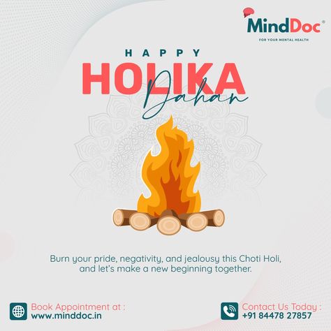 Burn your pride, negativity, and jealousy this Choti Holi, and let’s make a new beginning together. Happy Holika Dahan 2023! #minddoc #HolikaDahan2023 #HolikaDahan #happyholi #festivalofcolors #Holi #HoliHai #holicelebration #holicolor #holifestival #festivalofcolors #happyholika #negativity #positivity Holi Ka Dahan, Happy Holika Dahan, Holika Dahan, Education Poster Design, Holi Colors, Holi Celebration, Holi Festival, A New Beginning, Happy Holi