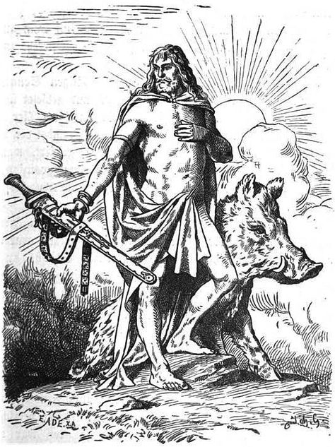 The sun shining behind them, the Vanr god Freyr stands with his boar Gullinbursti (1901) by Johannes Gehrts. Viking Writing, Germanic Tribes, Pagan Gods, Norse Myth, Alex Grey, Old Norse, Supernatural Seasons, Norse Mythology, Gods And Goddesses