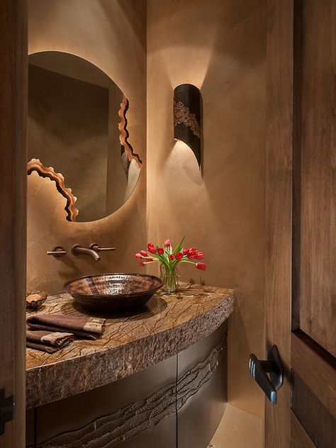 Southwest Bathroom, Modern Powder Room Design, Southwestern Bathroom, Rustic Powder Room, Powder Room Design Ideas, Contemporary Powder Room, Modern Powder Rooms, Modern Powder Room, Powder Room Ideas