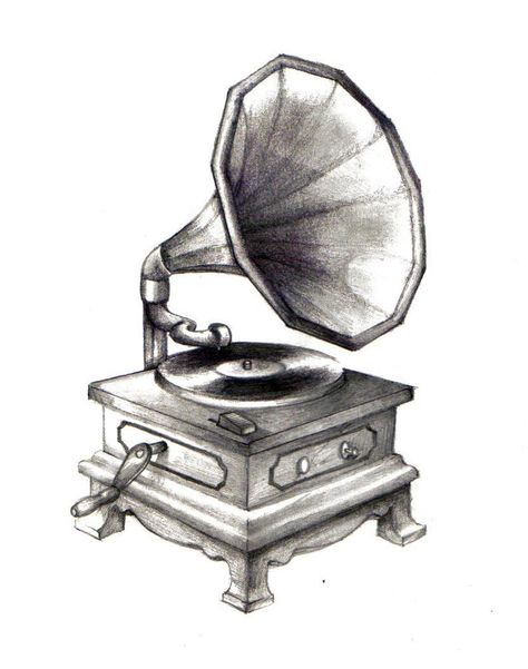 Gramophone Tattoo, Anatomical Heart Art, 20s Art, Scene Drawing, Music Drawings, Blue Tattoo, Object Drawing, Music Tattoos, Animal Sketches