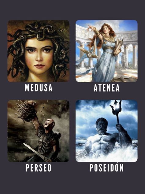 Los personajes del origen de Medusa son los siguientes... Medusa: mujer hermosa que fue maldecida y convertida en monstruo por Atenea. Poseidón: Rey del mar que estaba enamorado de Medusa. Por eso mismo, decide secuestrarla y llevarla al templo de Atenea. Atenea: Diosa de la pureza, castidad, sabiduría y justicia. Resulta ofendida por Medusa, ya que representaba lo contrario a ella. Perseo: Semidios, hijo de Zeús. El es quien corta la cabeza de Medusa. Medusa And Athena, Hercules, Greek Mythology, Art