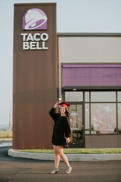 Senior Pictures at Tacobell Taco Bell Senior Pictures, Senior Things, Fast Food Places, Grad Pic, Graduation Photography Poses, Caption Ideas, Graduation Photography, Grad Pics, Photo Caption