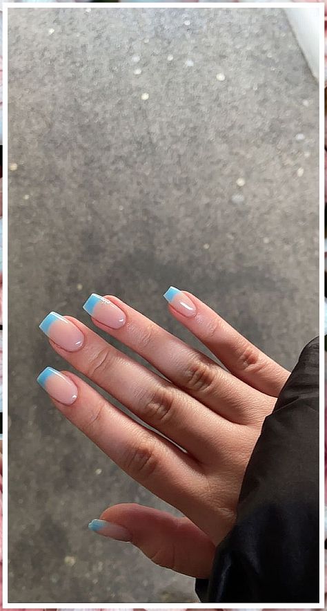 Don't settle for basic, try long acrylic nails for a unique and bold look. French Dip Nails Squoval, Summer Nails Inspiration Short Square, French Tip Nails With Some Solid, Short Square Nails For Summer, Small Acyrilics Nails, Light Blue French Tips Square, Squoval French Tip Nails Color, Summer Nails Short French Tip, Colored French Tips Square