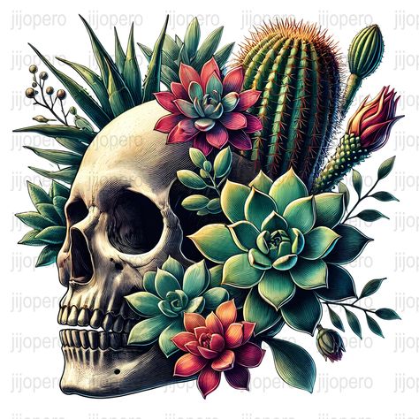 Green Is The New Black, Skull With Plants Growing Out Of It Tattoo, Plant With Skulls Tattoo, Skull With Succulents, Skull With Plants Drawing, Skull With Flowers Growing Out Of It, Tattoo Shading, Succulent Art, Floral Skull