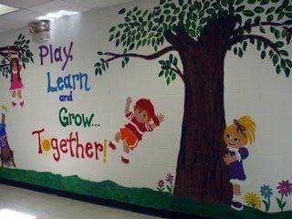 From Amy Library Wall Painting, Kindergarten Alphabet Wall, Creche Ideas, School Ground, School Wall Art Ideas, School Wall Decoration, Kindergarten Decorations, Preschool Designs, Preschool Decor