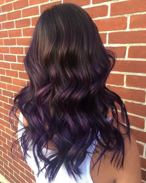 22 Stunning Purple Ombre Hair Color Ideas for 2021 Ombre Purple Hair Brown, Purple Ombre On Brown Hair, Dark Brown And Dark Purple Hair, Brown To Purple Ombre Hair Long, Brown To Dark Purple Ombre Hair, Hair Colour For Wavy Hair, Purple Highlights Brunette, Dark Purple On Brown Hair, Dark Brown Hair With Dark Purple