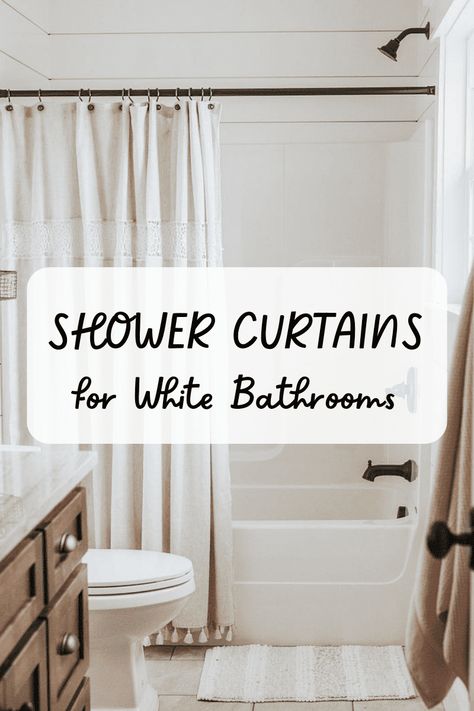 Shower Curtain With Black And White Tile, White Shower Curtain Bathroom Ideas, Shower Curtain With White Subway Tile, Shower Curtain Ideas White Bathroom, Grey Bathroom Shower Curtain, Shower Curtain Small Bathroom, White Shower Curtain Bathroom, White Ruffle Shower Curtain, White Subway Tile Shower