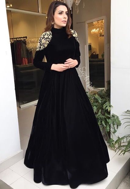 Pinterest • @KrutiChevli Velvet Gawon Design, Plain Black Gown Indian, Eastern Black Dress, Black Gown Indian Wedding Dresses, Black Dress Outfit Party Indian, Velvet Maxi Dress Pakistani, Velvet Gown Indian, Velvet Dress Designs Gowns, Black Velvet Dress Outfit