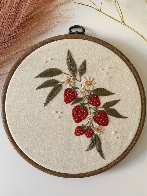 Strawberry Dream PDF, PDF Instant Download, Digital File, PDF Embroidery Pattern, Floral Embroidery, Botanical Embroidery, Wall Decor - Etsy Same Color Embroidery, Cute Embroidery Ideas For Beginners, Red Floral Embroidery, Cute Embroidery Strawberry, How To Embroider Strawberries, Cute Floral Embroidery, Cottagecore Embroidery Pattern, Hand Embroidery Aesthetic, Embroydary Design