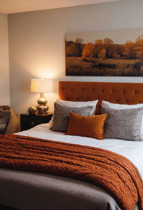 Use vintage decor pieces, warm colors, and antique-inspired details to create a nostalgic fall atmosphere. Amber Bedroom Decor, Orange And Green Aesthetic Vintage, Grey And Orange Bedroom, Orange Bedroom Aesthetic, Nostalgic Fall, Cosy Fall, Cozy Fall Bedroom, Fall Bedroom Decor, Orange Bedroom