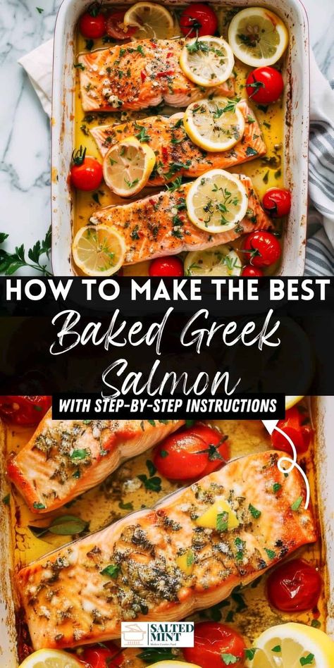 Discover our Greek Salmon recipe! This Mediterranean salmon is one of the best easy baked salmon recipes. Healthy, tender, flaky, and lemony, it's perfect for roasted salmon lovers looking for easy dinner recipes. Greek Salmon Marinade, Greek Salmon Recipes, Easy Baked Salmon Recipes, Greek Salmon Recipe, Greek Salmon, Salmon Recipes Oven, Salmon Dinner Recipes, Oven Salmon, Mediterranean Recipes Healthy