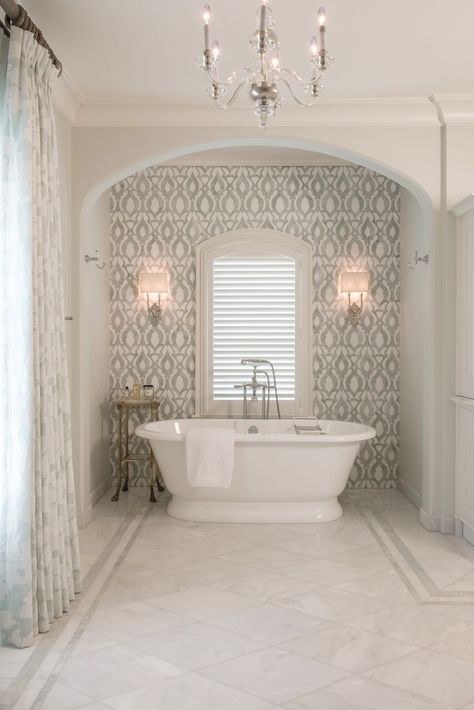 Freestanding Tub Tile Surround, Bathroom Free Standing Bath, Bathroom Floor Tile With Border, Free Standing Bath Under Window, Free Standing Tub In Front Of Window, Marble Floor With Border, Wallpaper Behind Freestanding Tub, Free Standing Bathtub Decor, Traditional Master Bathrooms Luxury