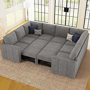 Sofa With Pull Out Bed, Light Gray Couch, Large Storage Ottoman, Comfortable Sofa Bed, Pull Out Couch, Pull Out Sofa Bed, Pull Out Bed, Sectional Sleeper Sofa, U Shaped Sofa