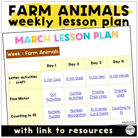 This farm lesson plans for preschool would be a great companion with Old McDonald read aloud book or song. If you're planning for a simple but exciting farm-theme week, be sure to click the image Farm Animals Lesson Plan, Farm Lesson Plans For Preschool, Farm Lesson Plans, Animals Lesson Plan, Lesson Plans For Preschool, March Lesson Plans, March Lessons, Farm Lessons, Old Mcdonald