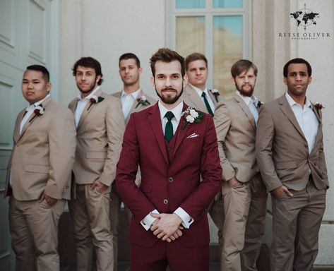 Groomsmen Outfits Maroon, Cream And Burgundy Tuxedo Wedding, Tan Suit With Red Tie, Winter Groomsmen Attire Burgundy, Burgundy And Tan Groomsmen Attire, Groom In Maroon Suit, Maroon Suit Groomsmen, Cabernet Groomsmen Attire, Burgundy And Champagne Groomsmen Attire