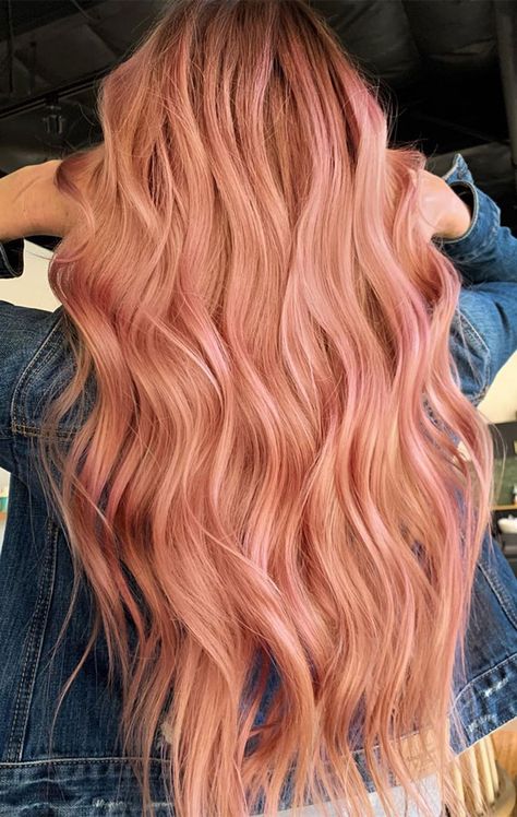 Copper Pink Blonde Hair, Honey Pink Hair, Strawberry Blonde Hair With Pink Highlights, Peach Hair Ombre, Strawberry Blonde And Pink Hair, Peach And Blonde Hair, Strawberry Blonde Hair With Pink, Peach Balayage Brunette, Peach Highlights Hair