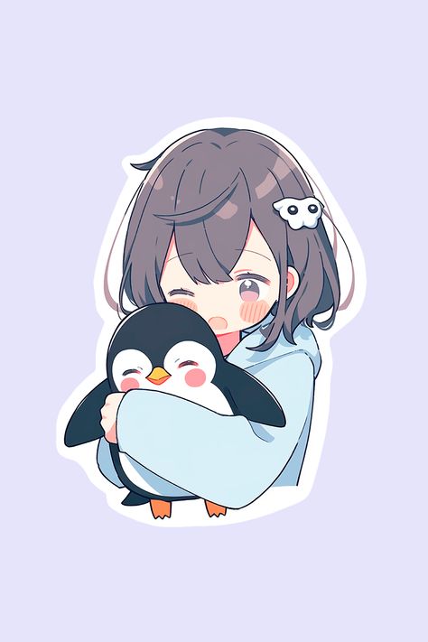 Decorate your belongings with this beautiful sticker featuring a cute girl hugging a penguin! #teepublic Cute Penguin Wallpaper, Penguin Pfp, Chibi Oc, Penguin Hug, Kawaii Pictures, Penguin Wallpaper, Hug Illustration, Penguin Pictures