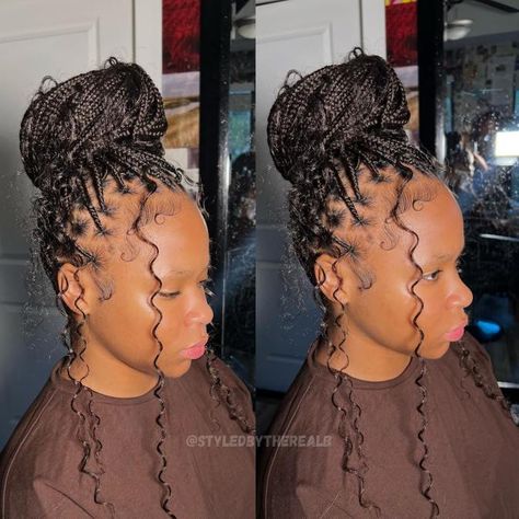 Micro Box Braids and Curls in a High Bun Bun Box Braids Hairstyles, Box Braids And Curls, Bun Box Braids, Two Goddess Braids, Micro Box Braids, Braids And Curls, Goddess Braids Updo, Goddess Braid Styles, Scalp Braids