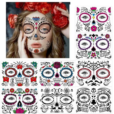 PRICES MAY VARY. Face Tattoos: Day of the Dead full face temporary tattoo kit -- 8 different complete kits. The kit includes numerous individual tattoo components for precise and creative placement on the face, forehead, nose, and chin, also can place these temporary tattoo kits on your body: chest, back, arms, or hands. Enjoy them with your friends, everyone shows a different personality. Easy Application: Safe, easy to apply, and easy to remove. Please remember don't rub too heavily when clean Day Of Dead Hairstyles, Dead Face Makeup, Sugar Skull Art Painting, Individual Tattoo, Temporary Face Tattoos, Carnival Parties, Sugar Skull Face, Dead Makeup, Black Skeleton