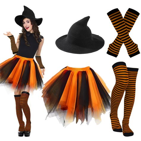 PRICES MAY VARY. Witch Costumes Set: Including 1 witch hat, 1 witch tutu skirt, 1 pair of striped over knee socks and 1 pair of striped fingerless arm warmers, 4 classic colors like black, red, purple and orange for you to choose, complete witch costume set lets you dress up at Halloween Irregular Tutu Skirt: Witch tutu skirt is featured with 2 layers of spliced tulle and 2 layers of polyester lining, multi-piece of tulle make it more flared, plump and puffy, 17.7 inches long, 26-43.3 inches in Halloween Witch Costumes For Women, Witch Costumes For Women, Halloween Witch Costumes, Cute Witch Costume, Black Witch Costume, Witches Costumes For Women, Office Halloween Costumes, Witch Tutu, Gothic Cosplay