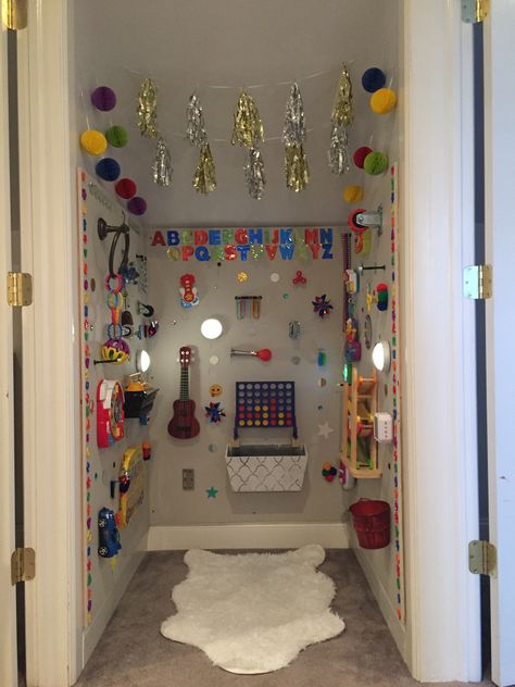 Sensory Ceiling Ideas, Interactive Sensory Wall, Daycare Sensory Wall, Sensory Shed, Sensory Closet Space, Small Sensory Room Ideas, Sensory Area In Classroom, Sensory Bedroom Ideas, Sensory Closet