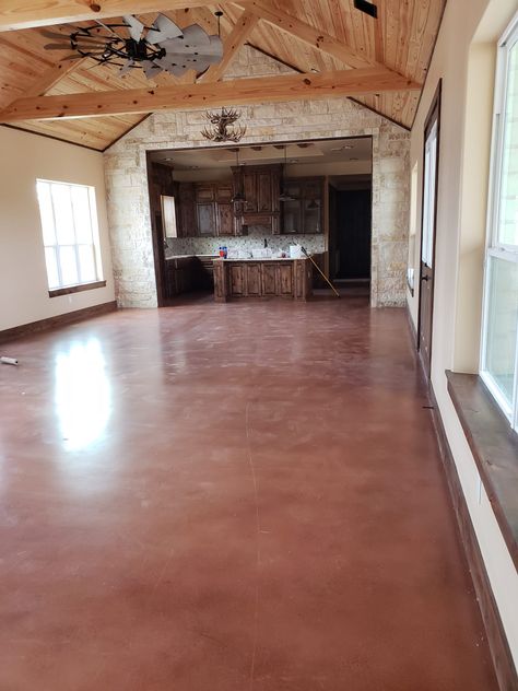 Acid Staining Concrete Floor Colored Concrete Floors Interior Design, Garage Floor Stained Concrete, Colored Cement Floor, Concrete Floor Cabin, Red Cement Floor, Red Concrete Floor, Stained Concrete Floors Living Room, India Retreat, Poured Concrete Floor