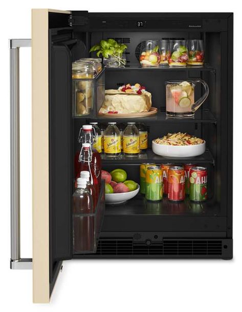 24" Panel-Ready Undercounter Refrigerator Panel Ready KURL114KPA | KitchenAid Undercounter Refrigerator, Bar Refrigerator, Hidden Hinges, Stainless Steel Door, Mini Fridges, The Door Is Open, Cold Storage, Party Essentials, Steel Door