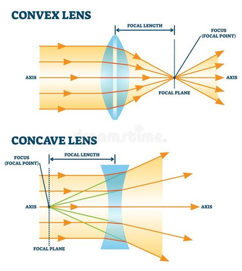 Convex and concave lens, vector illustration diagrams. Labeled scheme with light ray direction and bending through lens. Controlling focal length and focus vector illustration Eye Health Facts, Concave Lens, Mirror Drawings, Concave Mirrors, Physics Concepts, Photography Lighting Setup, مشروعات العلوم, Physics Formulas, Refraction Of Light