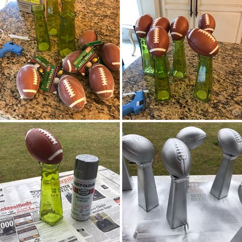 diy dollar tree Lombardi trophy 🏆 Football Theme Work Party, Football Themed Birthday Party Centerpieces, Football Treat Table, Diy Paper Football, Football Birthday Centerpiece Ideas, Diy Party Decorations For Adults Men, Dinner Banquet Decorations, Football Trophy Diy, Football Sports Banquet