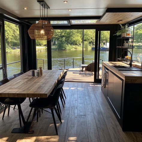 Experience the perfect blend of modern design and nature with this stunning houseboat interior. Would you embrace houseboat living? 🌿✨ Boat House Aesthetic, Houseboat Interiors, Boat House Interior, Houseboat Living, House Aesthetic, Boat Interior, Boat House, Houseboat, House Boat