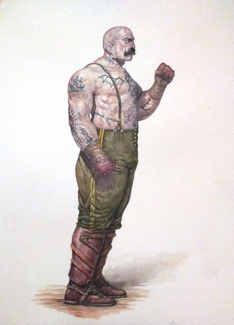 M. Hilker on Twitter: "Pugilist/cage fighter #dnd5e #watercolor #pugilist #fantasy… " Pugilist Character Art, All Hero, Dungeons And Dragons Homebrew, Character Description, Dieselpunk, Roleplaying Game, Character Drawing, Game Character, Dungeons And Dragons