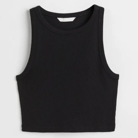 New With Tags! Never Worn! H&M Black Cropped Tank Top. Ribbed Material, High Neck, Very Comfortable. Size Large. Black Cropped Tank Top, Black Cropped Tank, Black Crop Top Tank, Tank Top Outfits, Red Tank Tops, Tanktop Girl, Cute Preppy Outfits, Crop Top Outfits, Sequin Tank Tops