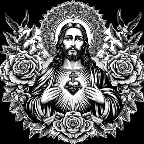 Jesus’ Heart of Compassion: A Sacred Coloring Page - https://www.tocolorme.com/?p=13643&utm_source=SocialAutoPoster&utm_medium=Social&utm_campaign=Pinterest Meaning Full Tattoos, Sacred Heart Devotion, Female Samurai Art, Beautiful Angel Tattoos, Jesus Tattoo Design, Latin Tattoo, Gospel Art, Jesus Coloring Pages, Biblical Artwork