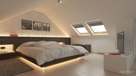 Mansard Bedroom Ideas, Open Concept Attic Master Suite, Loft Conversion Lighting, Bedroom Ideas Mansard, Low Modern Attic Bed, Bedroom Attic Ideas, Master Attic Bedroom, Sloped Ceiling Bedroom, Bungalow Bedroom