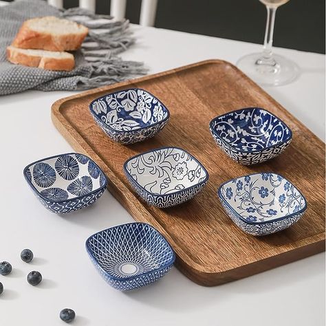 Selamica Ceramic 2.6 OZ Square Dipping Bowl Set, Soy Sauce Dish 3 inch Small Bowls for Ketchup Condiments Side Dish BBQ, Ramekins Oven safe, Stackable, Set of 6, Vintage Blue Ceramic Square, Bbq Set, Japanese Bowls, Pasta Bowl Set, Soup Bowl Set, Geometry Pattern, Ceramics Ideas, Dip Bowl, Ceramic Spoons