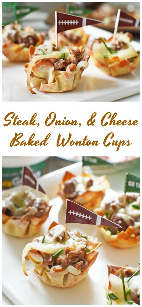 Steak, Onion, and Cheese Wonton Cups- via @savvysavingcoup #ChipsDipsandTips #Ad @HeluvaGood Steak And Cheese Appetizer, Phyllo Cheese Steak, Caesar Salad Wonton Cups, Philly Cheese Steak Wontons, Wonton Breakfast Recipes, Appetizer Recipes Wonton Cups, Appetizers For Party Bite Size, Wonton Cups Appetizers, Wonton Wrapper Recipes