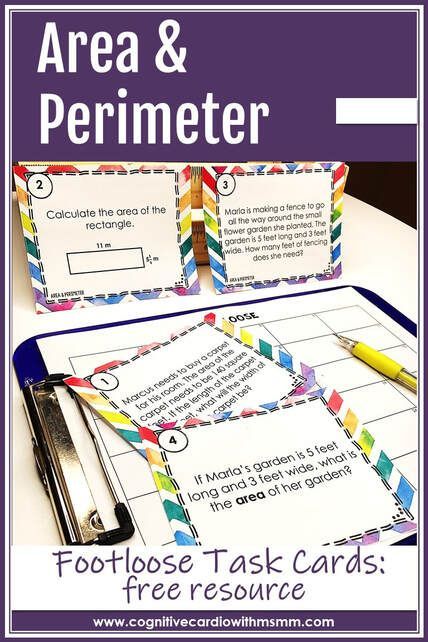 Sometime middle school math students have difficulty remembering how to find area versus how to find perimeter, so I’ve tried to use a variety of activities to help them visualize and practice with these concepts. This particular area and perimeter activity is a FREE Footloose task card game to help students practice finding areas and perimeters of rectangles! 30 question cards included! Area And Perimeter Games, Perimeter Games, Perimeter Activities, Math For Middle School, Middle School Activities, Middle School Math Classroom, Area And Perimeter, Upper Elementary Math, Upper Elementary Resources