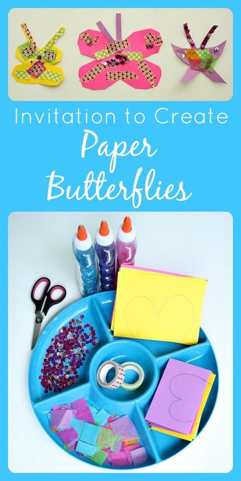 Invitation to Create Paper Butterflies...spring craft for kids Easy Butterfly Craft, Easy Paper Butterfly, Butterfly Craft For Kids, Paper Butterfly Crafts, Craft Spring, Invitation To Create, Bugs Preschool, Easy Butterfly, Butterfly Craft